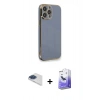 MARSİLYAN™- iPhone 13 Pro Max Kılıf Yankı Serisi - Siyah Bilvis 5in1 5D Magic Hayalet Cam Ekran Koruyucu + Lacivert Pers Alüminyum Kamera Lens