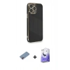 MARSİLYAN™- iPhone 13 Pro Max Kılıf Yankı Serisi - Siyah Bilvis 5in1 5D Magic Hayalet Cam Ekran Koruyucu + Pembe Shine Kamera Lens Koruma Cam