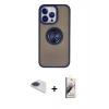 MARSİLYAN™- iPhone 13 Pro Max Kılıf Yörünge Çizgi - Siyah Bilvis 3D Mat Cam Ekran Koruyucu + Lacivert Pers Alüminyum Kamera Lens