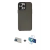 MARSİLYAN™- iPhone 13 Pro Max Kılıf Zirve Doku Koleksiyonu - Siyah 3D Antistatik Cam Ekran Koruyucu + Rainbow Kamera Lens Koruma Cam - MI