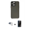 MARSİLYAN™- iPhone 13 Pro Max Kılıf Zirve Doku Koleksiyonu - Siyah 3D Antistatik Hayalet Cam Ekran Koruyucu + Pers Alüminyum Kamera Lens - LT