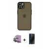 MARSİLYAN™- iPhone 14 Kılıf Ahenk Çizgi Serisi - Siyah 3D Antistatik Hayalet Cam Ekran Koruyucu + Raze Metal Kamera Lens - MR