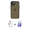 MARSİLYAN™- iPhone 14 Kılıf Ahenk Çizgi Serisi - Siyah Bilvis 5in1 5D Magic Hayalet Cam Ekran Koruyucu + Kırmızı Shine Kamera Lens