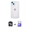 MARSİLYAN™- iPhone 14 Kılıf Ahenk Çizgi Serisi - Siyah Bilvis 5in1 5D Magic Hayalet Cam Ekran Koruyucu + PVD Metal Kamera Lens - SH