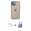 MARSİLYAN™- iPhone 14 Kılıf Ahenk Çizgi Serisi - Siyah Bilvis 5in1 5D Magic Hayalet Cam Ekran Koruyucu + Pembe Diamond Kamera Lens