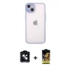 MARSİLYAN™- iPhone 14 Kılıf Ahenk Çizgi Serisi - Siyah Buffer Cam Ekran Koruyucu + Mavi PVD Metal Kamera Lens