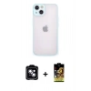 MARSİLYAN™- iPhone 14 Kılıf Ahenk Çizgi Serisi - Siyah Buffer Cam Ekran Koruyucu + Mavi PVD Metal Kamera Lens