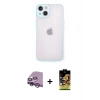 MARSİLYAN™- iPhone 14 Kılıf Ahenk Çizgi Serisi - Siyah Buffer Cam Ekran Koruyucu + Mor Raze Metal Kamera Lens