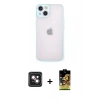 MARSİLYAN™- iPhone 14 Kılıf Ahenk Çizgi Serisi - Siyah Buffer Cam Ekran Koruyucu + Pembe PVD Metal Kamera Lens