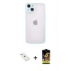 MARSİLYAN™- iPhone 14 Kılıf Ahenk Çizgi Serisi - Siyah Buffer Cam Ekran Koruyucu + Sierra Blue Diamond Kamera Lens