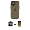 MARSİLYAN™- iPhone 14 Kılıf Ahenk Çizgi Serisi - Siyah Buffer Cam Ekran Koruyucu + Yeşil PVD Metal Kamera Lens
