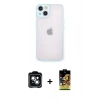 MARSİLYAN™- iPhone 14 Kılıf Ahenk Çizgi Serisi - Siyah Buffer Cam Ekran Koruyucu + Yeşil PVD Metal Kamera Lens
