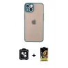 MARSİLYAN™- iPhone 14 Kılıf Ahenk Çizgi Serisi - Siyah Buffer Cam Ekran Koruyucu + Yeşil PVD Metal Kamera Lens