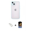 MARSİLYAN™- iPhone 14 Kılıf Ahenk Çizgi Serisi - Siyah Buffer Hayalet Cam Ekran Koruyucu + Sierra Blue Diamond Kamera Lens