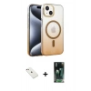 MARSİLYAN™- iPhone 14 Kılıf Ahenk Doku Özel Seri - Şeffaf 360 Full Body Arka Koruyucu + Pembe Diamond Kamera Lens