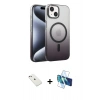 MARSİLYAN™- iPhone 14 Kılıf Ahenk Doku Özel Seri - Siyah 3D Antistatik Cam Ekran Koruyucu + Diamond Kamera Lens - PE
