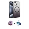 MARSİLYAN™- iPhone 14 Kılıf Ahenk Doku Özel Seri - Siyah 3D Antistatik Cam Ekran Koruyucu + Raze Metal Kamera Lens - KI