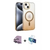 MARSİLYAN™- iPhone 14 Kılıf Ahenk Doku Özel Seri - Siyah 3D Antistatik Cam Ekran Koruyucu + Raze Metal Kamera Lens - MR