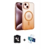 MARSİLYAN™- iPhone 14 Kılıf Ahenk Doku Özel Seri - Siyah 3D Antistatik Cam Ekran Koruyucu + Turuncu PVD Metal Kamera Lens