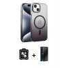 MARSİLYAN™- iPhone 14 Kılıf Ahenk Doku Özel Seri - Siyah 3D Antistatik Hayalet Cam Ekran Koruyucu + PVD Metal Kamera Lens - SH