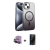 MARSİLYAN™- iPhone 14 Kılıf Ahenk Doku Özel Seri - Siyah 3D Antistatik Hayalet Cam Ekran Koruyucu + Raze Metal Kamera Lens - SH