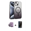 MARSİLYAN™- iPhone 14 Kılıf Ahenk Doku Özel Seri - Siyah 3D Antistatik Hayalet Cam Ekran Koruyucu + Raze Metal Kamera Lens - GS
