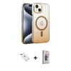MARSİLYAN™- iPhone 14 Kılıf Ahenk Doku Özel Seri - Siyah Bilvis 3D Cam Ekran Koruyucu + Yeşil Diamond Kamera Lens