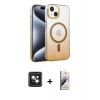 MARSİLYAN™- iPhone 14 Kılıf Ahenk Doku Özel Seri - Siyah Bilvis 3D Mat Cam Ekran Koruyucu + Pembe PVD Metal Kamera Lens