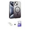 MARSİLYAN™- iPhone 14 Kılıf Ahenk Doku Özel Seri - Siyah Bilvis 5in1 5D Magic Hayalet Cam Ekran Koruyucu + Diamond Kamera Lens - PE