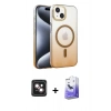MARSİLYAN™- iPhone 14 Kılıf Ahenk Doku Özel Seri - Siyah Bilvis 5in1 5D Magic Hayalet Cam Ekran Koruyucu + PVD Metal Kamera Lens - PE