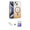 MARSİLYAN™- iPhone 14 Kılıf Ahenk Doku Özel Seri - Siyah Bilvis 5in1 5D Magic Hayalet Cam Ekran Koruyucu + Diamond Kamera Lens - YL