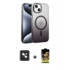 MARSİLYAN™- iPhone 14 Kılıf Ahenk Doku Özel Seri - Siyah Buffer Cam Ekran Koruyucu + PVD Metal Kamera Lens - PE