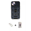 MARSİLYAN™- iPhone 14 Kılıf Ahenk Klasik - Siyah Bilvis 3D Cam Ekran Koruyucu + Kırmızı Diamond Kamera Lens