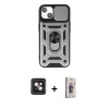 MARSİLYAN™- iPhone 14 Kılıf Ahenk Klasik - Siyah Bilvis 3D Cam Ekran Koruyucu + Pembe PVD Metal Kamera Lens