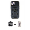 MARSİLYAN™- iPhone 14 Kılıf Ahenk Klasik - Siyah Bilvis 3D Cam Ekran Koruyucu + PVD Metal Kamera Lens - YL