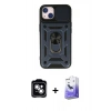 MARSİLYAN™- iPhone 14 Kılıf Ahenk Klasik - Siyah Bilvis 5in1 5D Magic Hayalet Cam Ekran Koruyucu + PVD Metal Kamera Lens - GS