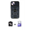 MARSİLYAN™- iPhone 14 Kılıf Ahenk Klasik - Siyah Bilvis 5in1 5D Magic Hayalet Cam Ekran Koruyucu + Turuncu PVD Metal Kamera Lens