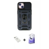 MARSİLYAN™- iPhone 14 Kılıf Ahenk Klasik - Siyah Bilvis 5in1 5D Magic Hayalet Cam Ekran Koruyucu + Yeşil Diamond Kamera Lens