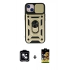 MARSİLYAN™- iPhone 14 Kılıf Ahenk Klasik - Siyah Buffer Cam Ekran Koruyucu + Mavi PVD Metal Kamera Lens