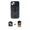 MARSİLYAN™- iPhone 14 Kılıf Ahenk Klasik - Siyah Buffer Cam Ekran Koruyucu + PVD Metal Kamera Lens - SH