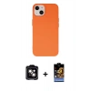 MARSİLYAN™- iPhone 14 Kılıf Ahenk Serisi - Siyah Buffer Hayalet Cam Ekran Koruyucu + Turuncu PVD Metal Kamera Lens