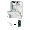 MARSİLYAN™- iPhone 14 Kılıf Çekirdek Klasik - Şeffaf 360 Full Body Arka Koruyucu + Yeşil Diamond Kamera Lens