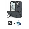 MARSİLYAN™- iPhone 14 Kılıf Çekirdek Klasik - Siyah 3D Antistatik Cam Ekran Koruyucu + PVD Metal Kamera Lens - PE