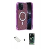 MARSİLYAN™- iPhone 14 Kılıf Eksen Çizgi - Şeffaf 360 Full Body Arka Koruyucu + Pembe Diamond Kamera Lens