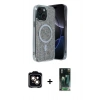 MARSİLYAN™- iPhone 14 Kılıf Eksen Çizgi - Şeffaf 360 Full Body Arka Koruyucu + Turuncu PVD Metal Kamera Lens