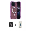 MARSİLYAN™- iPhone 14 Kılıf Eksen Çizgi - Şeffaf Pasifik Cam Ekran Koruyucu + PVD Metal Kamera Lens - PE