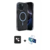 MARSİLYAN™- iPhone 14 Kılıf Eksen Çizgi - Siyah 3D Antistatik Cam Ekran Koruyucu + PVD Metal Kamera Lens - PE