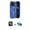 MARSİLYAN™- iPhone 14 Kılıf Eksen Çizgi - Siyah 3D Antistatik Cam Ekran Koruyucu + PVD Metal Kamera Lens - PE