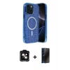 MARSİLYAN™- iPhone 14 Kılıf Eksen Çizgi - Siyah 3D Antistatik Hayalet Cam Ekran Koruyucu + PVD Metal Kamera Lens - TU