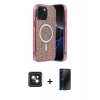 MARSİLYAN™- iPhone 14 Kılıf Eksen Çizgi - Siyah 3D Antistatik Hayalet Cam Ekran Koruyucu + PVD Metal Kamera Lens - PE
